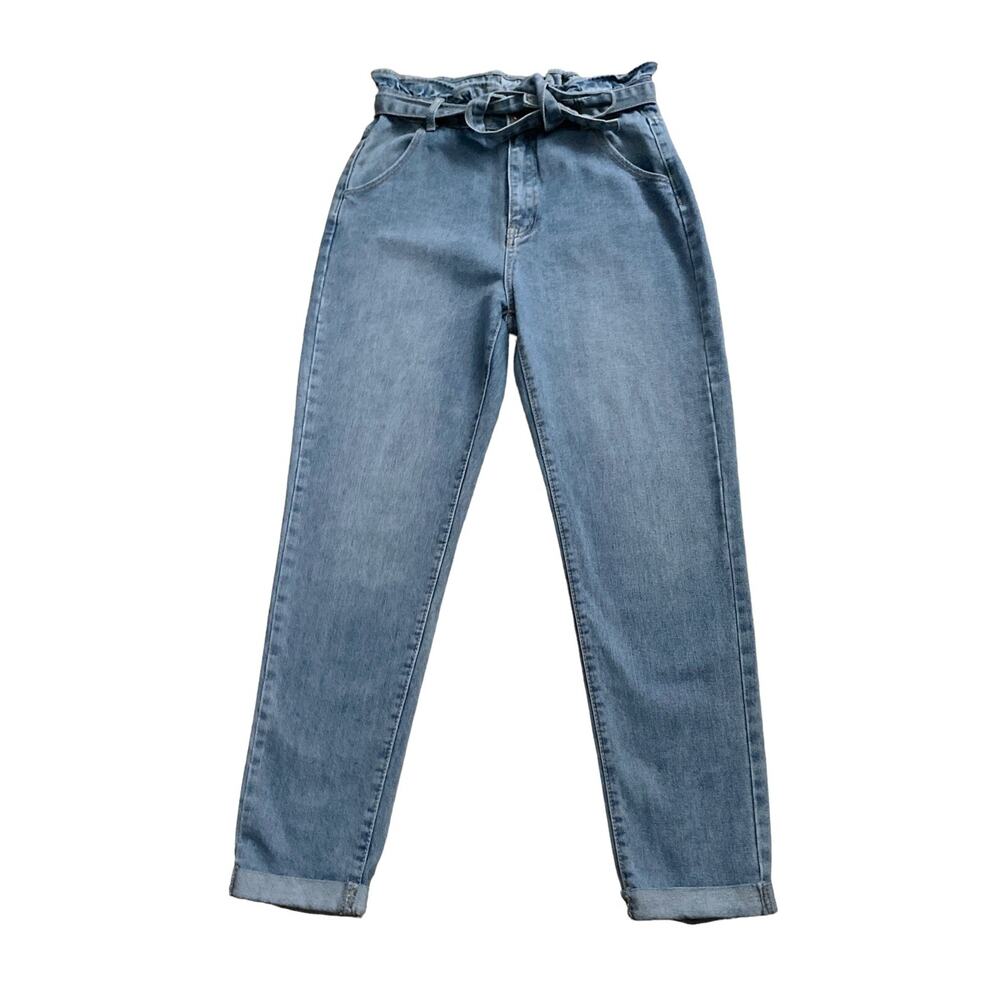 Shein Paperbag Waist Jeans Womens M Blue Belted High Rise Tapered 28.5" Inseam - Picture 1 of 6